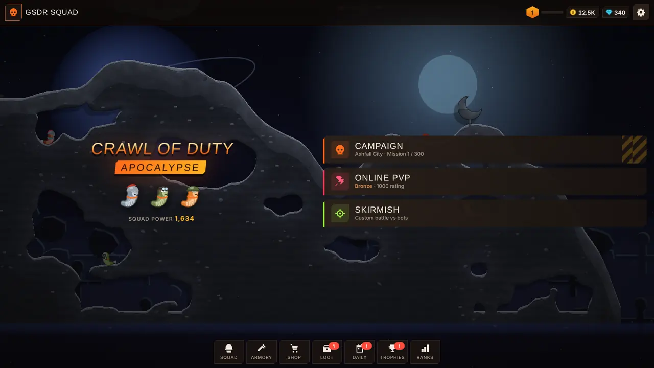 Main menu with Campaign, Online PvP and Skirmish