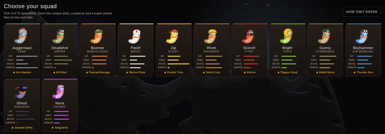 Squad selection screen showing all twelve specialists