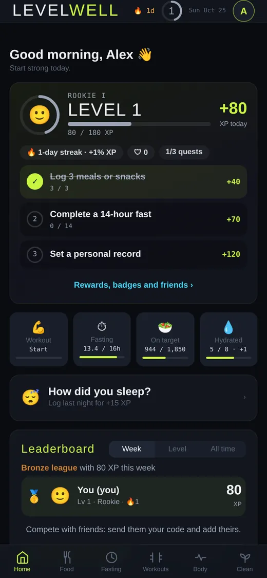 Levelwell home screen with level, quests and leaderboard