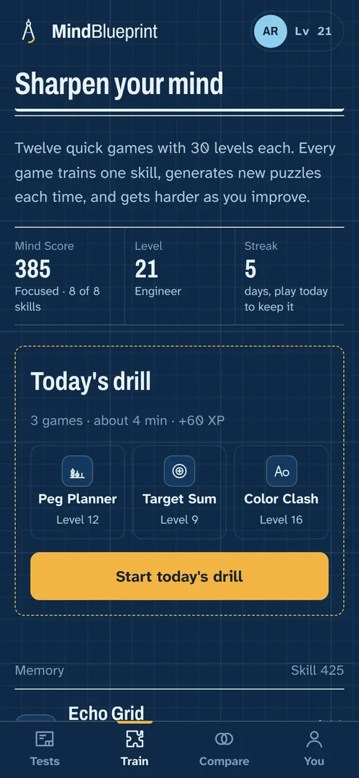 Train tab with today's drill