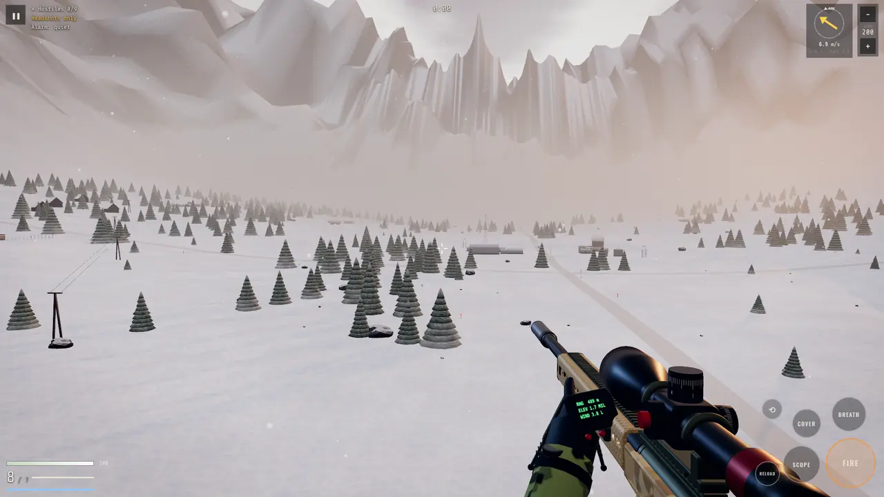 A snowbound alpine valley with pine trees and a cable car