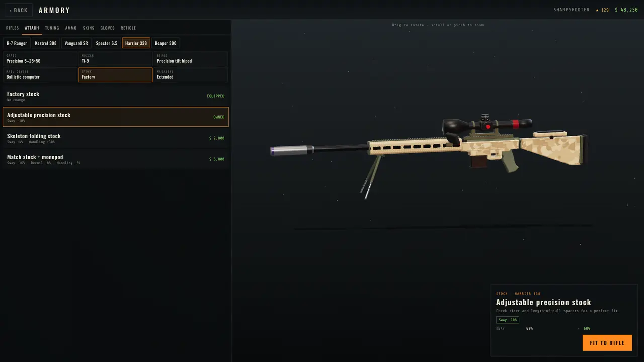 Armory screen with an attachment selected