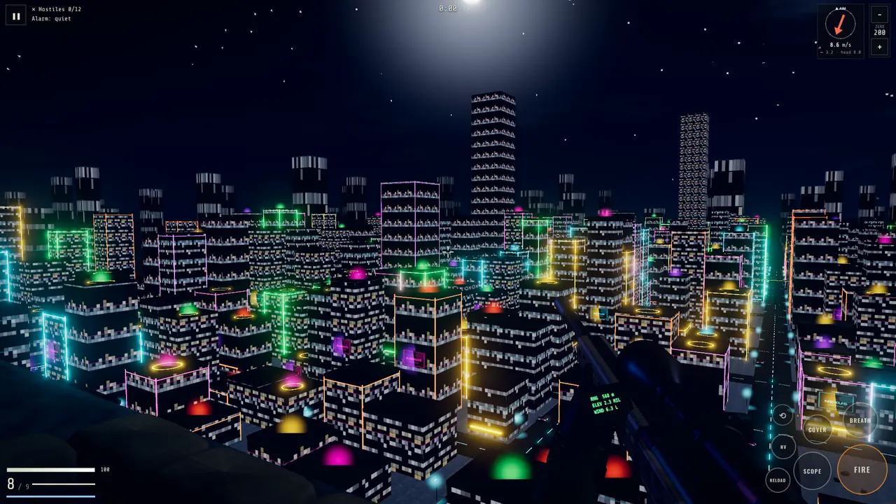 A neon city of towers at night