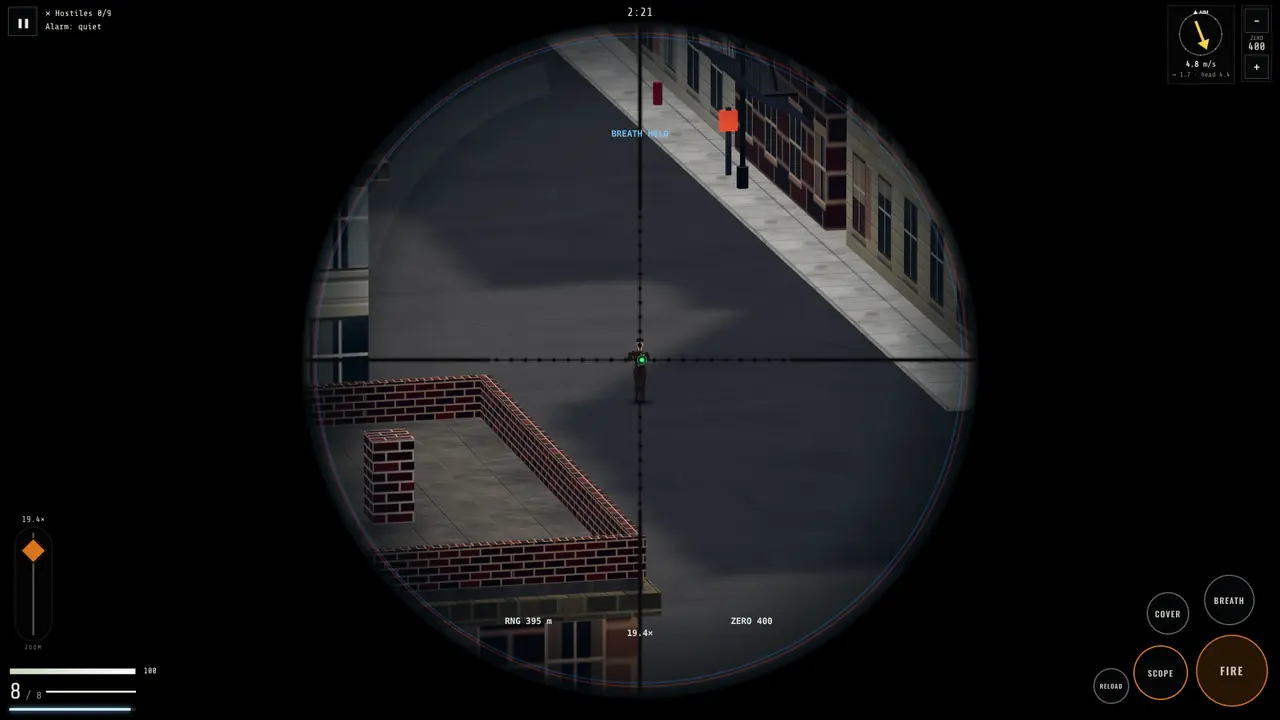 Brick rooftops seen through a rifle scope
