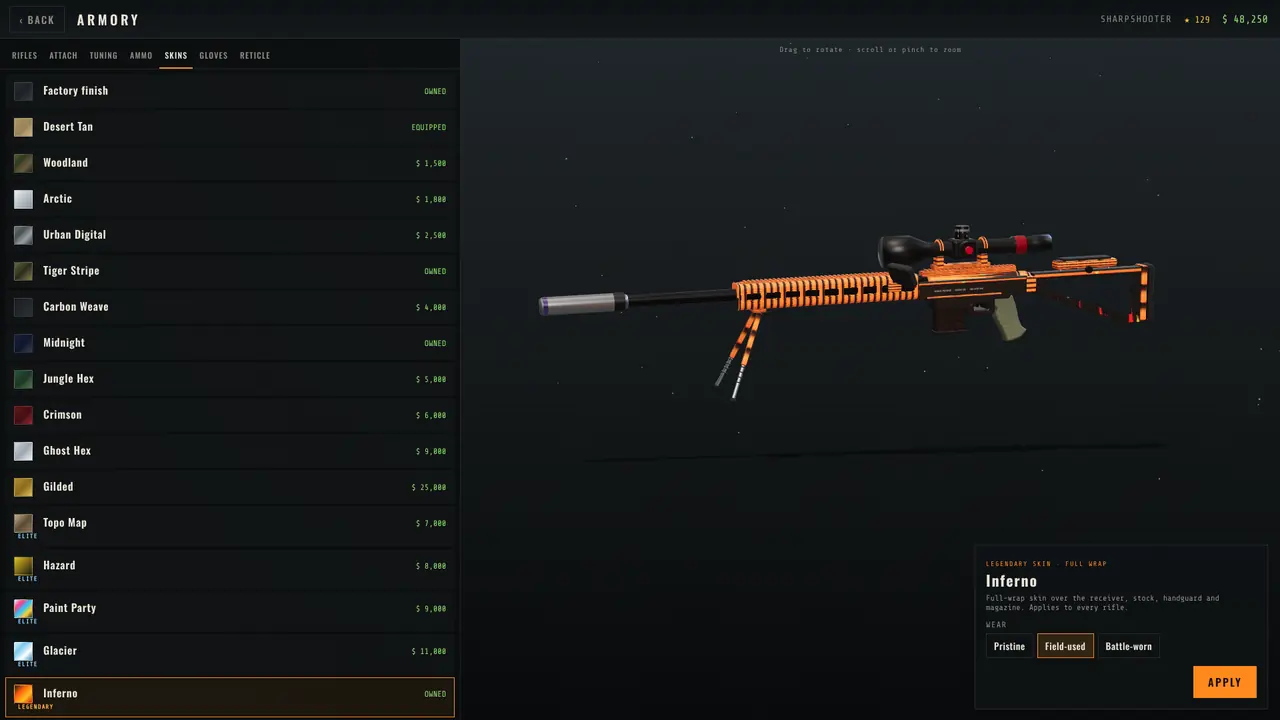 Skin selection with the Inferno skin applied